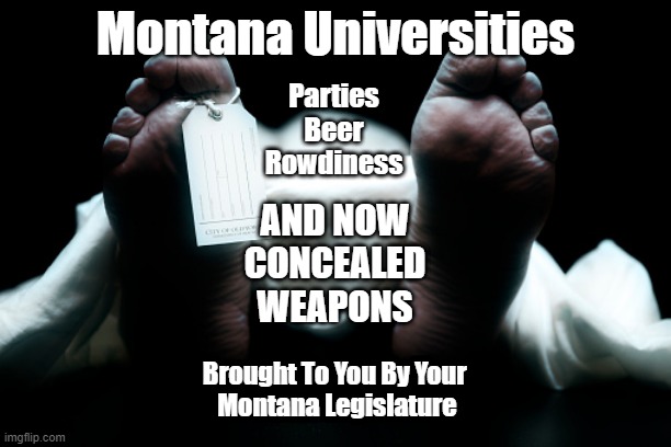 Montana Legislature Bright Idea | Montana Universities; Parties
Beer
Rowdiness; AND NOW
CONCEALED
WEAPONS; Brought To You By Your 
Montana Legislature | image tagged in dead body corpse feet tag,montana,concealed weapons | made w/ Imgflip meme maker