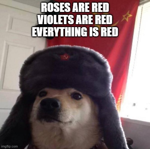Russian Doge | ROSES ARE RED
VIOLETS ARE RED
EVERYTHING IS RED | image tagged in russian doge | made w/ Imgflip meme maker