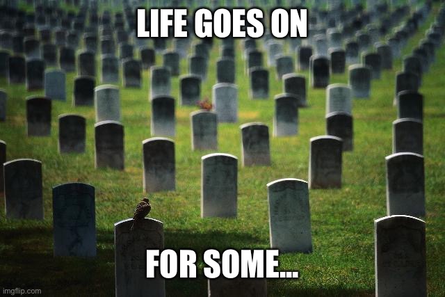 graveyard cemetary | LIFE GOES ON; FOR SOME... | image tagged in graveyard cemetary | made w/ Imgflip meme maker