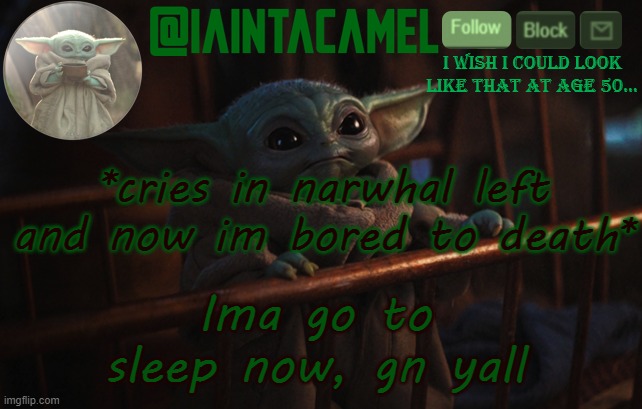 iaintacamel | *cries in narwhal left and now im bored to death*; Ima go to sleep now, gn yall | image tagged in iaintacamel | made w/ Imgflip meme maker
