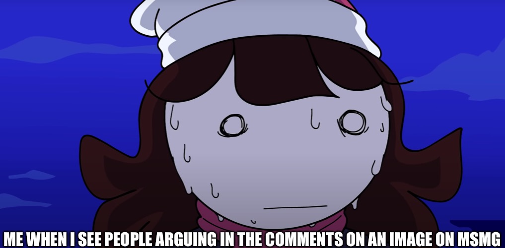 Jaiden sweating nervously | ME WHEN I SEE PEOPLE ARGUING IN THE COMMENTS ON AN IMAGE ON MSMG | image tagged in jaiden sweating nervously | made w/ Imgflip meme maker