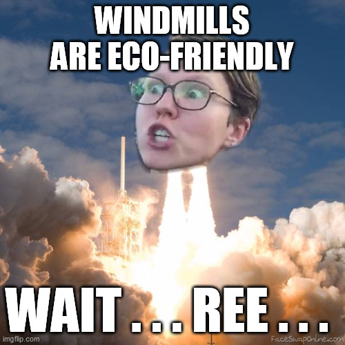 TRIGGERED FLOUNCE BLAST OFF | WINDMILLS ARE ECO-FRIENDLY WAIT . . . REE . . . | image tagged in triggered flounce blast off | made w/ Imgflip meme maker