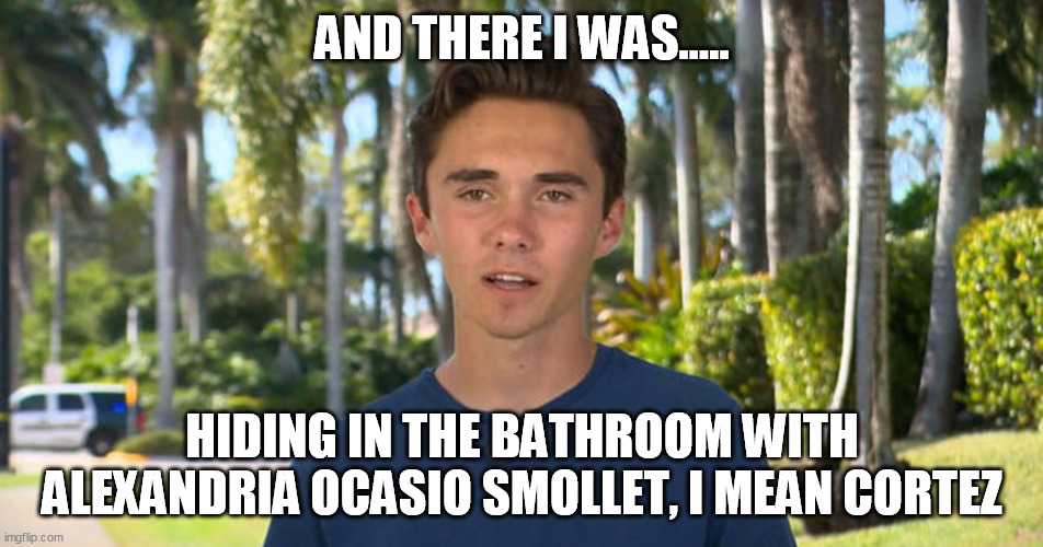 AO Smullot | AND THERE I WAS..... HIDING IN THE BATHROOM WITH ALEXANDRIA OCASIO SMOLLET, I MEAN CORTEZ | image tagged in smullot,politics,aoc,hogg,parody | made w/ Imgflip meme maker