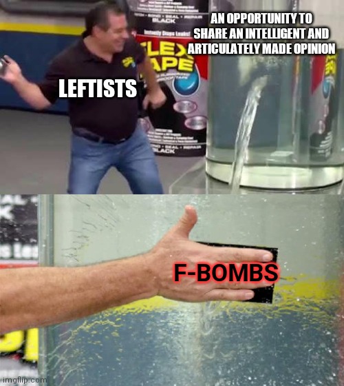 Flex tape | AN OPPORTUNITY TO SHARE AN INTELLIGENT AND ARTICULATELY MADE OPINION; LEFTISTS; F-BOMBS | image tagged in flex tape,leftists,ignorant,disrespect,angry liberal,political humor | made w/ Imgflip meme maker