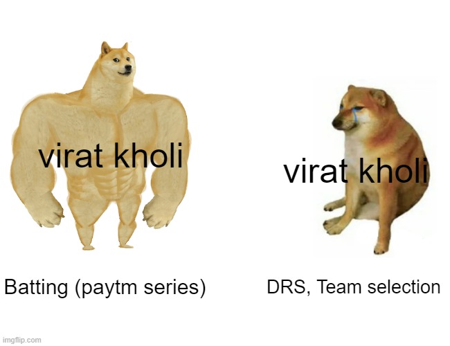 Buff Doge vs. Cheems | virat kholi; virat kholi; Batting (paytm series); DRS, Team selection | image tagged in memes,buff doge vs cheems | made w/ Imgflip meme maker