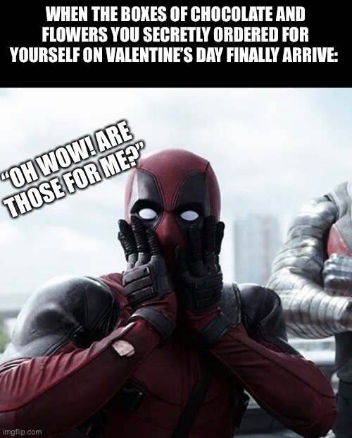 Oh wow! | WHEN THE BOXES OF CHOCOLATE AND FLOWERS YOU SECRETLY ORDERED FOR YOURSELF ON VALENTINE’S DAY FINALLY ARRIVE:; “OH WOW! ARE THOSE FOR ME?” | image tagged in memes,deadpool surprised,funny,sad but true,valentine's day,real life | made w/ Imgflip meme maker