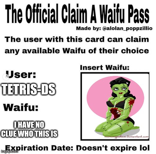 i just have a kinda thing for this. | TETRIS-DS; I HAVE NO CLUE WHO THIS IS | image tagged in official claim a waifu pass,waifu | made w/ Imgflip meme maker