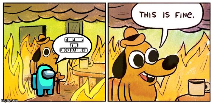 This Is Fine Meme | DUDE HAVE YOU
LOOKED AROUND | image tagged in memes,this is fine | made w/ Imgflip meme maker