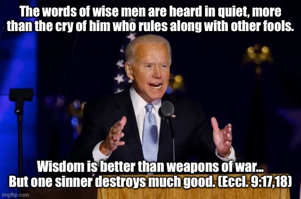 Biden | The words of wise men are heard in quiet, more than the cry of him who rules along with other fools. Wisdom is better than weapons of war... But one sinner destroys much good. (Eccl. 9:17,18) | image tagged in joe biden,bible,executive orders,america | made w/ Imgflip meme maker