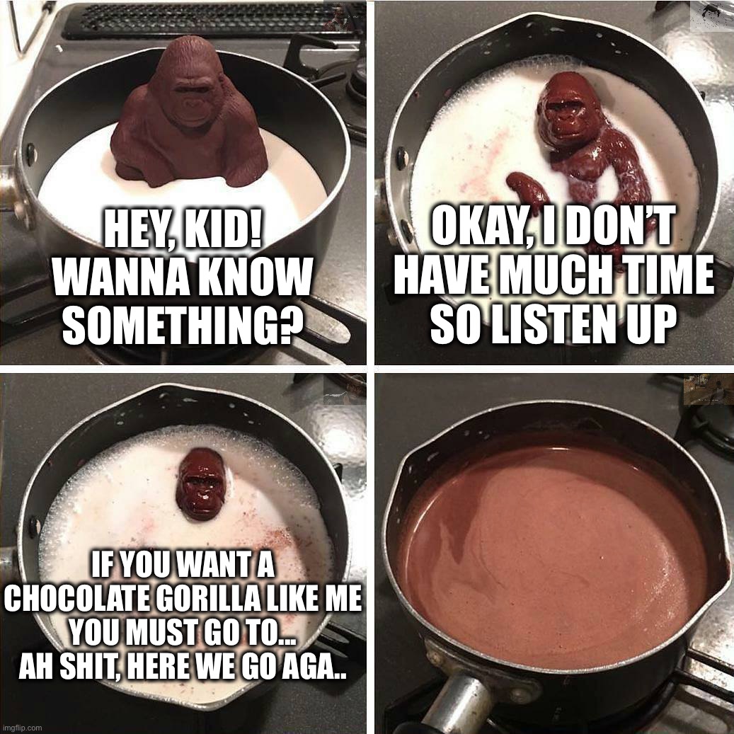 chocolate gorilla | OKAY, I DON’T
HAVE MUCH TIME
SO LISTEN UP; HEY, KID!
WANNA KNOW
SOMETHING? IF YOU WANT A
CHOCOLATE GORILLA LIKE ME
YOU MUST GO TO...
AH SHIT, HERE WE GO AGA.. | image tagged in chocolate gorilla,memes,funny memes,wtf,ah shit here we go again,oh no anyway | made w/ Imgflip meme maker