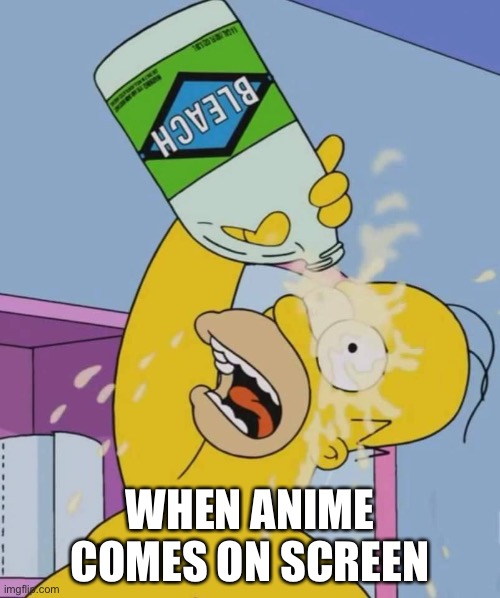 Homer with bleach | WHEN ANIME COMES ON SCREEN | image tagged in homer with bleach | made w/ Imgflip meme maker
