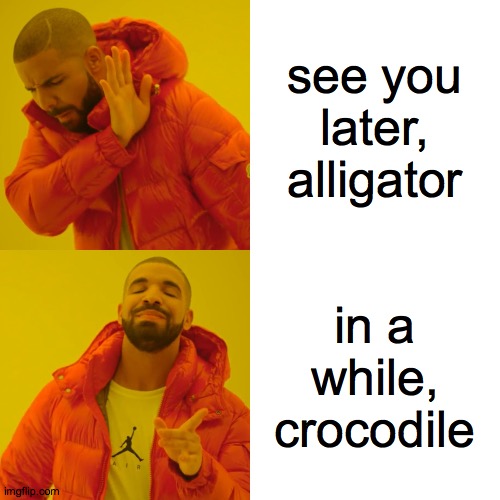 Drake Hotline Bling Meme | see you later, alligator; in a while, crocodile | image tagged in memes,drake hotline bling | made w/ Imgflip meme maker