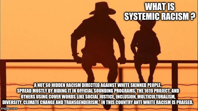 Cowboy wisdom in this country anti white racism is praised |  WHAT IS SYSTEMIC RACISM ? A NOT SO HIDDEN RACISM DIRECTED AGAINST WHITE SKINNED PEOPLE.  SPREAD MOSTLY BY HIDING IT IN OFFICIAL SOUNDING PROGRAMS, THE 1619 PROJECT, AND OTHERS USING COVER WORDS LIKE SOCIAL JUSTICE, INCLUSION, MULTICULTURALISM, DIVERSITY, CLIMATE CHANGE AND TRANSGENDERISM,” IN THIS COUNTRY ANTI WHITE RACISM IS PRAISED. | image tagged in cowboy father and son,anti white racism,1619 project,cowboy wisdom,social justice scam,diversity scam | made w/ Imgflip meme maker