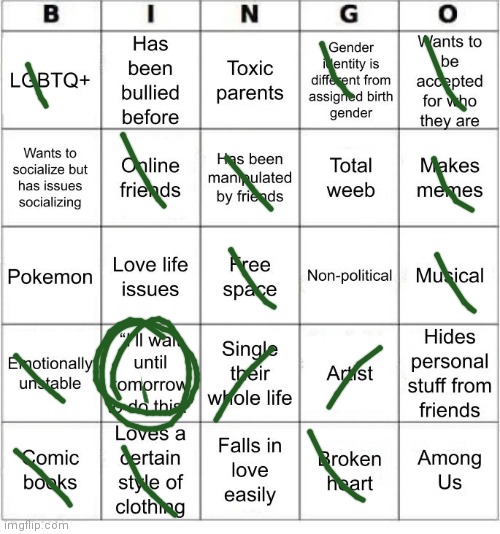 I'm not very sure about the gender one but here ya go | image tagged in jer-sama's bingo | made w/ Imgflip meme maker