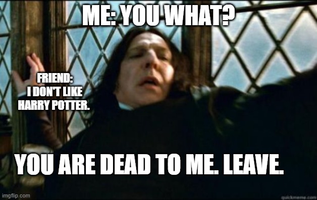 ME: YOU WHAT? FRIEND: I DON'T LIKE HARRY POTTER. YOU ARE DEAD TO ME. LEAVE. | image tagged in snape | made w/ Imgflip meme maker