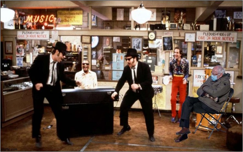 Bernie Not Shakin' A Tail Feather | image tagged in bernie mittens,bernie,blues brothers | made w/ Imgflip meme maker