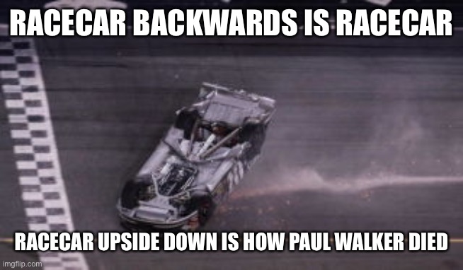 This is true | RACECAR BACKWARDS IS RACECAR; RACECAR UPSIDE DOWN IS HOW PAUL WALKER DIED | image tagged in memes,racecar,lol,stop reading the tags | made w/ Imgflip meme maker