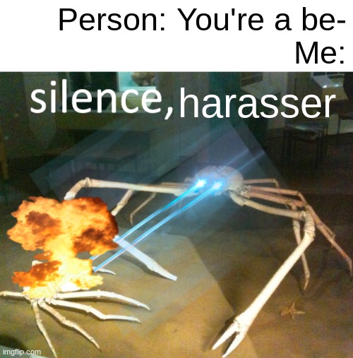 Silence Crab | Person: You're a be-
Me: harasser | image tagged in silence crab | made w/ Imgflip meme maker