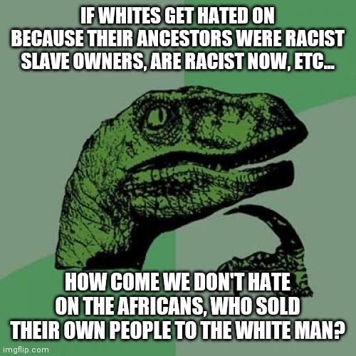 Doesn't make sense to me | IF WHITES GET HATED ON BECAUSE THEIR ANCESTORS WERE RACIST SLAVE OWNERS, ARE RACIST NOW, ETC... HOW COME WE DON'T HATE ON THE AFRICANS, WHO SOLD THEIR OWN PEOPLE TO THE WHITE MAN? | image tagged in memes,philosoraptor | made w/ Imgflip meme maker