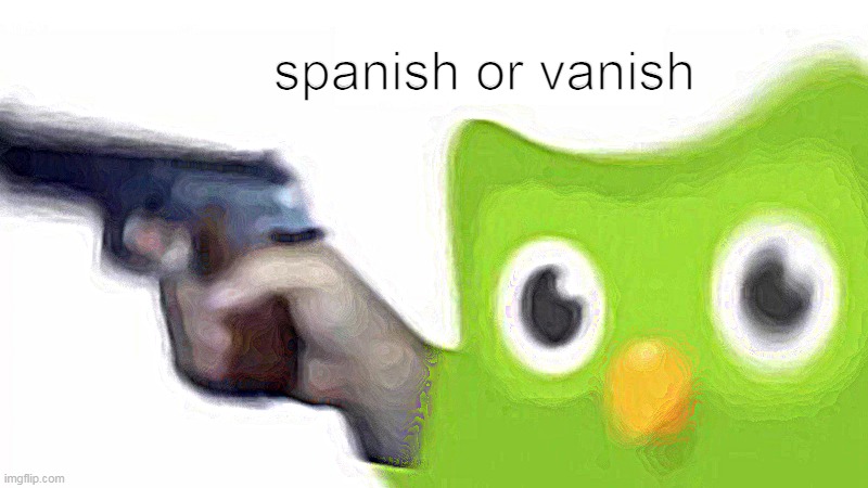 duolingo gun | spanish or vanish | image tagged in duolingo gun | made w/ Imgflip meme maker