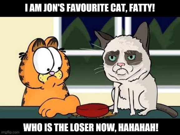 Grumpy Cat & Garfield | I AM JON'S FAVOURITE CAT, FATTY! WHO IS THE LOSER NOW, HAHAHAH! | image tagged in memes,garfield,funny cats | made w/ Imgflip meme maker