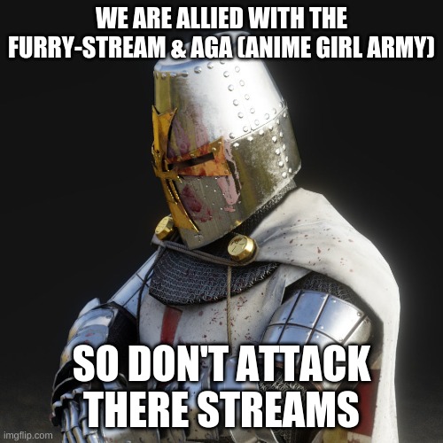Paladin | WE ARE ALLIED WITH THE FURRY-STREAM & AGA (ANIME GIRL ARMY); SO DON'T ATTACK THERE STREAMS | image tagged in paladin | made w/ Imgflip meme maker