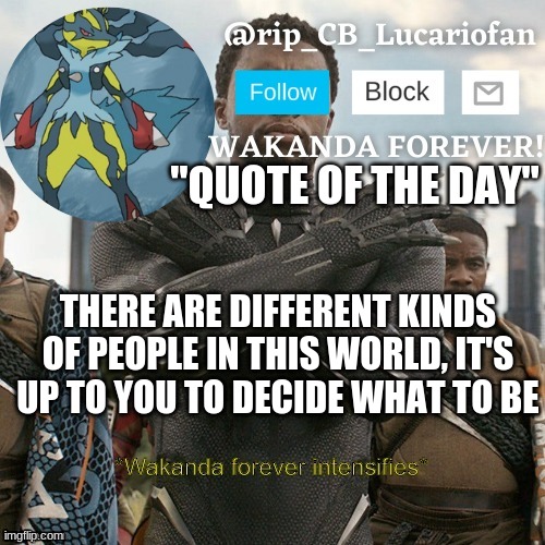 Rip_CB_Lucariofan template | "QUOTE OF THE DAY"; THERE ARE DIFFERENT KINDS OF PEOPLE IN THIS WORLD, IT'S UP TO YOU TO DECIDE WHAT TO BE | image tagged in rip_cb_lucariofan template | made w/ Imgflip meme maker