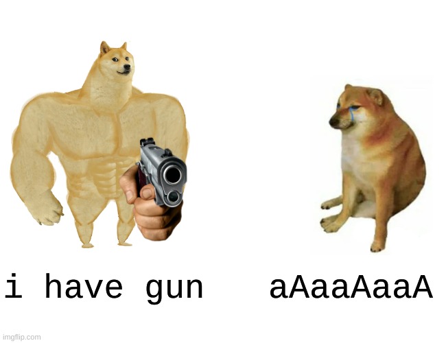 he has GUN | i have gun; aAaaAaaA | image tagged in memes,buff doge vs cheems | made w/ Imgflip meme maker