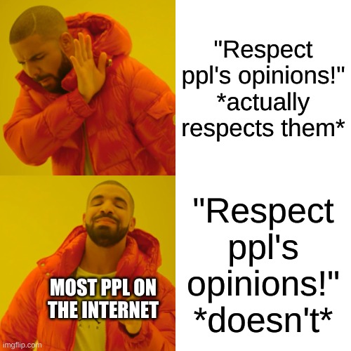 Being honest here | "Respect ppl's opinions!"
*actually respects them*; "Respect ppl's opinions!"
*doesn't*; MOST PPL ON THE INTERNET | image tagged in memes,drake hotline bling | made w/ Imgflip meme maker