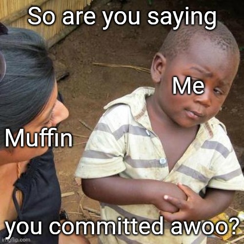 Third World Skeptical Kid Meme | So are you saying; Me; Muffin; you committed awoo? | image tagged in memes,third world skeptical kid | made w/ Imgflip meme maker