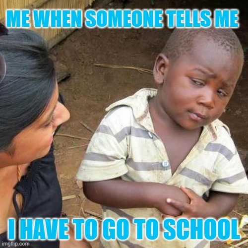 school | ME WHEN SOMEONE TELLS ME; I HAVE TO GO TO SCHOOL | image tagged in memes,third world skeptical kid | made w/ Imgflip meme maker