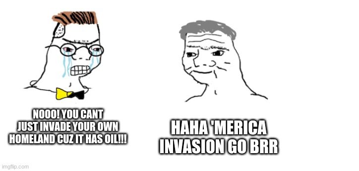 nooo haha go brrr | HAHA 'MERICA INVASION GO BRR NOOO! YOU CANT JUST INVADE YOUR OWN HOMELAND CUZ IT HAS OIL!!! | image tagged in nooo haha go brrr | made w/ Imgflip meme maker