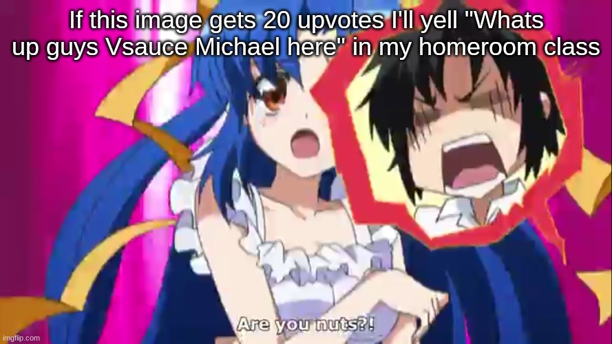 I swear to fucking god if someone upvotes- | If this image gets 20 upvotes I'll yell "Whats up guys Vsauce Michael here" in my homeroom class | image tagged in are you nuts | made w/ Imgflip meme maker
