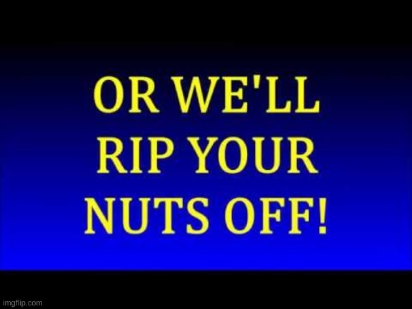 Or We'll rip your nuts off! | image tagged in or we'll rip your nuts off | made w/ Imgflip meme maker
