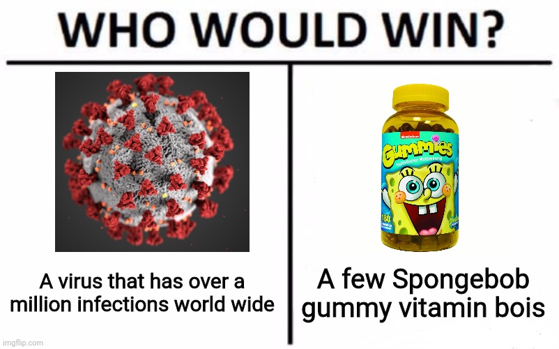 Who would win? | A virus that has over a million infections world wide; A few Spongebob gummy vitamin bois | image tagged in memes,who would win,fun | made w/ Imgflip meme maker