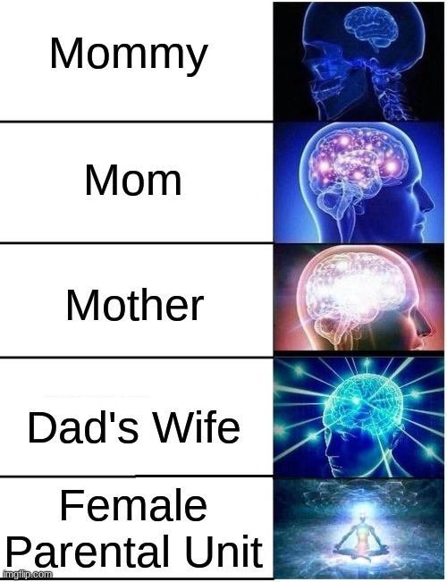 Yeah, its big brain time | Mommy; Mom; Mother; Dad's Wife; Female Parental Unit | image tagged in expanding brain 5 panel,moms,funny,big brain,oh wow are you actually reading these tags | made w/ Imgflip meme maker