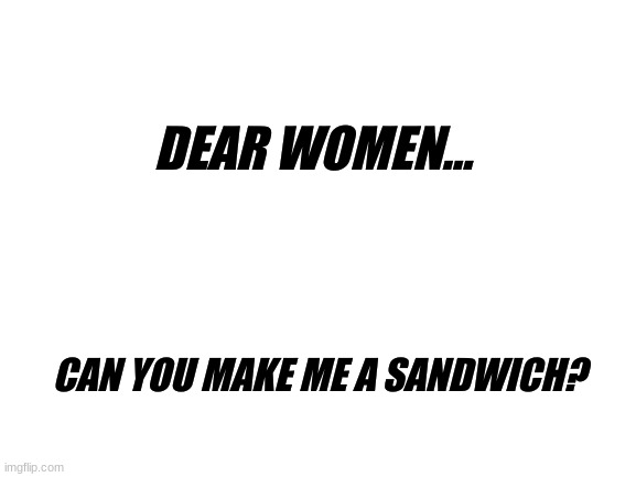 I have a feeling some feminists will be triggered by this | DEAR WOMEN... CAN YOU MAKE ME A SANDWICH? | image tagged in blank white template,feminist,women,make me a sandwich | made w/ Imgflip meme maker