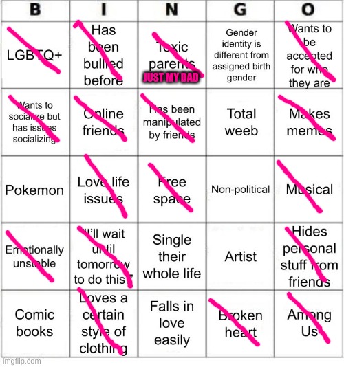 Doing this for points | JUST MY DAD | image tagged in jer-sama's bingo | made w/ Imgflip meme maker