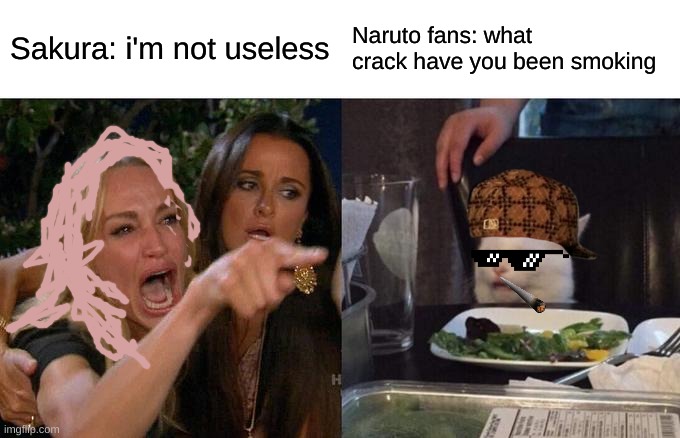 Woman Yelling At Cat Meme | Sakura: i'm not useless; Naruto fans: what crack have you been smoking | image tagged in memes,woman yelling at cat | made w/ Imgflip meme maker