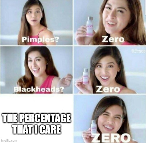 Pimples, Zero! | THE PERCENTAGE THAT I CARE | image tagged in pimples zero | made w/ Imgflip meme maker