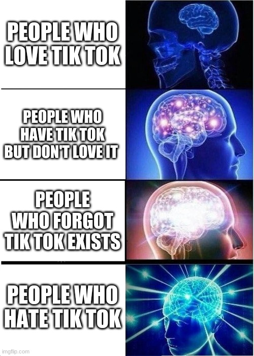 fax |  PEOPLE WHO LOVE TIK TOK; PEOPLE WHO HAVE TIK TOK BUT DON'T LOVE IT; PEOPLE WHO FORGOT TIK TOK EXISTS; PEOPLE WHO HATE TIK TOK | image tagged in memes,expanding brain | made w/ Imgflip meme maker