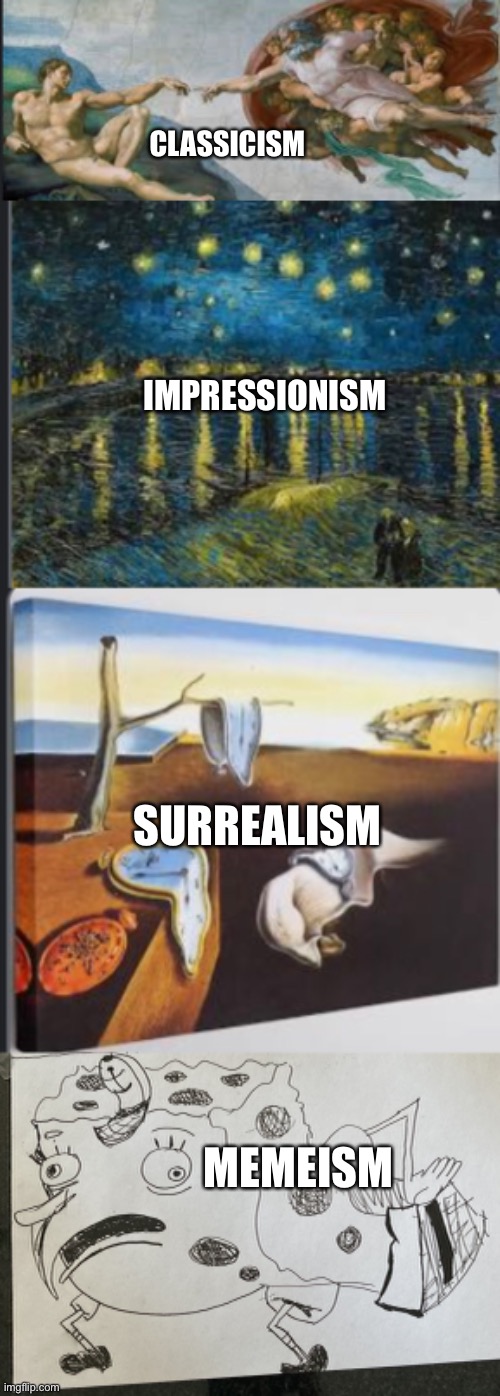 Intro to Art History (plus SpongeHomer) | CLASSICISM; IMPRESSIONISM; SURREALISM; MEMEISM | image tagged in cursed mocking spongebob | made w/ Imgflip meme maker