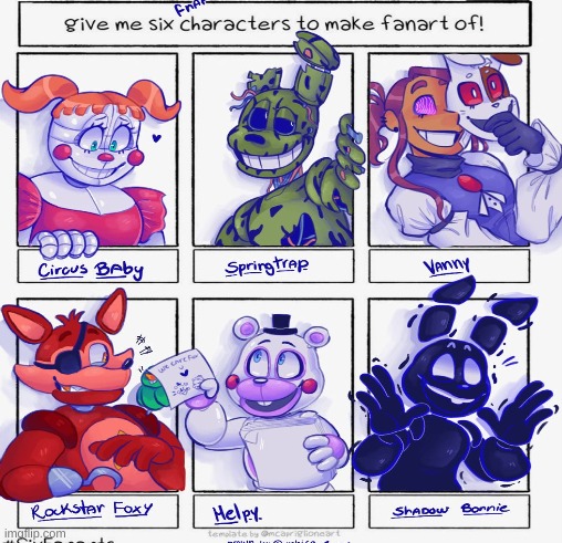 6 fnaf fanart by me (friends gave me these characters to draw) | image tagged in fnaf,art | made w/ Imgflip meme maker