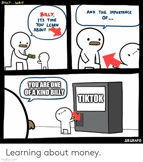 DOWNVOTE TIKTOK | YOU ARE ONE OF A KIND BILLY; TIKTOK | image tagged in billy learning about money,tik tok,tiktok,tik tok sucks,tiktok sucks,memes | made w/ Imgflip meme maker