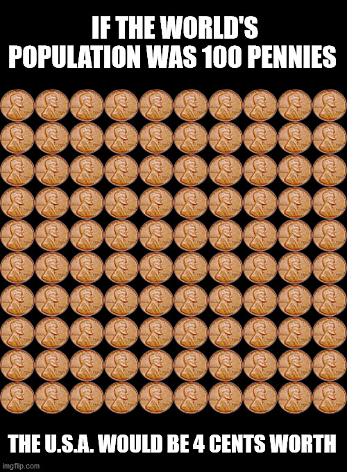 Population perspective | IF THE WORLD'S POPULATION WAS 100 PENNIES; THE U.S.A. WOULD BE 4 CENTS WORTH | image tagged in population | made w/ Imgflip meme maker