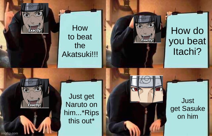 Question-How to kill the Akatsuki Part 1 | How to beat the Akatsuki!!! How do you beat Itachi? Just get Naruto on him...*Rips this out*; Just get Sasuke on him | image tagged in memes,anime,naruto,naruto shippuden,itachi | made w/ Imgflip meme maker