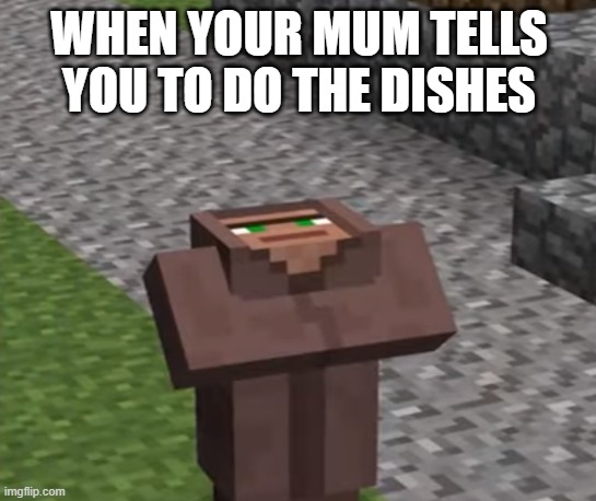 when your mum tells you to the dishes | WHEN YOUR MUM TELLS YOU TO DO THE DISHES | image tagged in minecraft,minecraft villager,minecraft meme,meme | made w/ Imgflip meme maker
