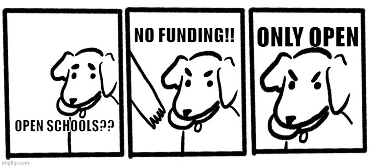 Dog No Give Only Throw | NO FUNDING!! ONLY OPEN; OPEN SCHOOLS?? | image tagged in dog no give only throw | made w/ Imgflip meme maker