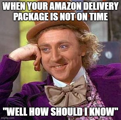 Creepy Condescending Wonka Meme | WHEN YOUR AMAZON DELIVERY PACKAGE IS NOT ON TIME; "WELL HOW SHOULD I KNOW" | image tagged in memes,creepy condescending wonka | made w/ Imgflip meme maker