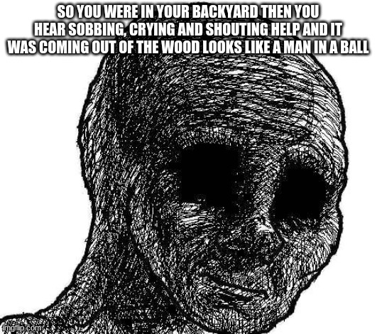 RP | SO YOU WERE IN YOUR BACKYARD THEN YOU HEAR SOBBING, CRYING AND SHOUTING HELP AND IT WAS COMING OUT OF THE WOOD LOOKS LIKE A MAN IN A BALL | image tagged in withered wojak,dark | made w/ Imgflip meme maker
